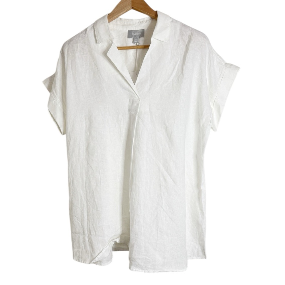 Ryllace White Short Sleeve Asymmertical Collar V-neck Linen Polo Top size 16